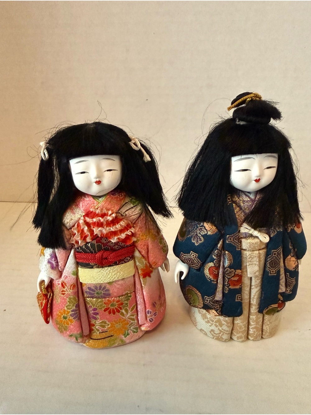 vintage Japanese Kimekomi dolls in traditional silk